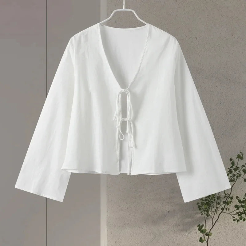 Cotton Linen Lace Up Bow Shirts Women Loose Hollow Out V Neck Long Sleeve Tops Female 2025 Spring New Lady Streetwear Top SuperFye white / L SuperFye