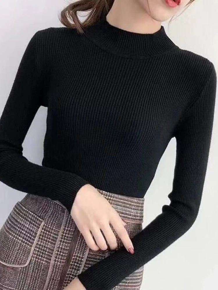 Autumn Winter Mock Neck Women Sweater Vintage Basic Solid Knitted Tops Casual Slim Pullover Korean Sweaters Simple Chic Jumpers SuperFye Burgundy / One Size SuperFye