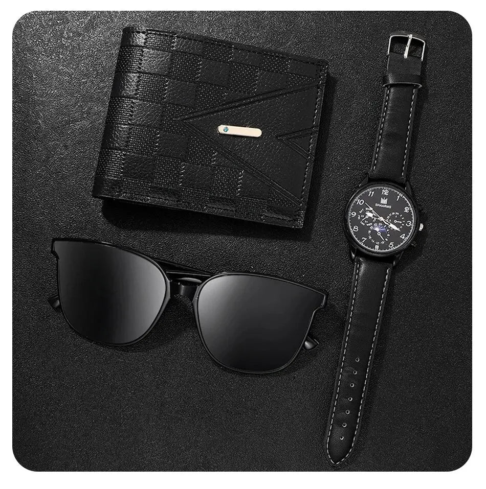 Fashion Mens Watches Wallet Glasses For Men Retro Black Bussiness Quartz Watch Male Casual Watch Relogio Masculino SuperFye Black SuperFye