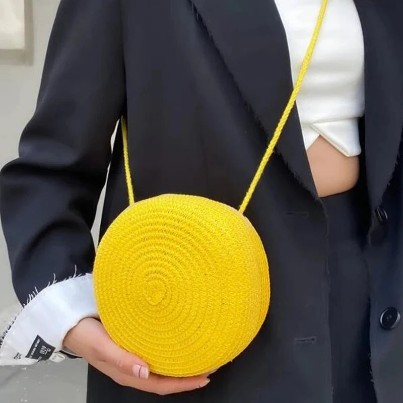 Minimalist Straw Bag Round Crossbody Purse Women Shoulder Vocation Style Handbag SuperFye orage SuperFye