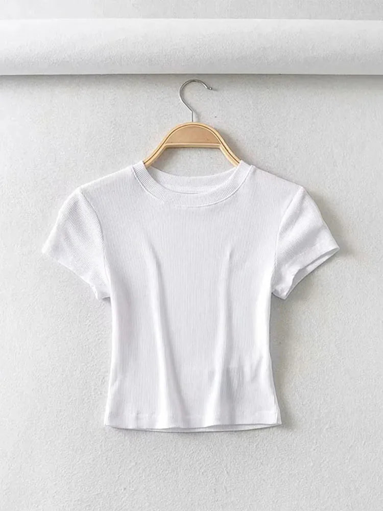 Summer Sexy Women O-neck Short-sleeve T-shirt Slim Elastic Skinny Crop Tops SuperFye WHITE / L SuperFye