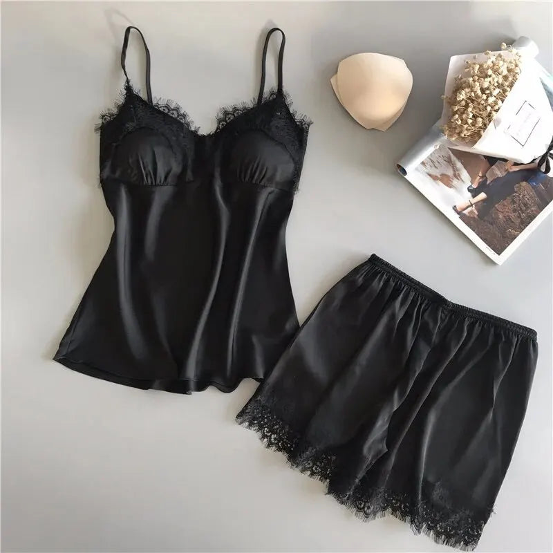 Women Pajama Suit Fashion V-Neck Stretch Satin Babydoll Lace Sexy Lingerie Bowknot Pyjamas Sleep Shorts Set Sleepwear New SuperFye ZY07 / M 45-450kg SuperFye