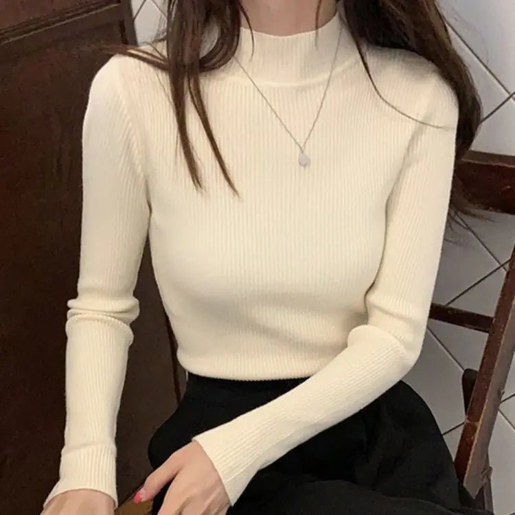 Autumn Winter Mock Neck Women Sweater Vintage Basic Solid Knitted Tops Casual Slim Pullover Korean Sweaters Simple Chic Jumpers SuperFye Beige / One Size SuperFye