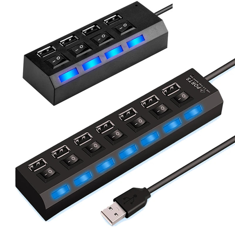 High Speed 4/7 Ports USB HUB 2.0 Adapter Expander Multi USB Splitter Multiple Extender with LED Lamp Switch for PC Laptop SuperFye 7 Ports Black SuperFye