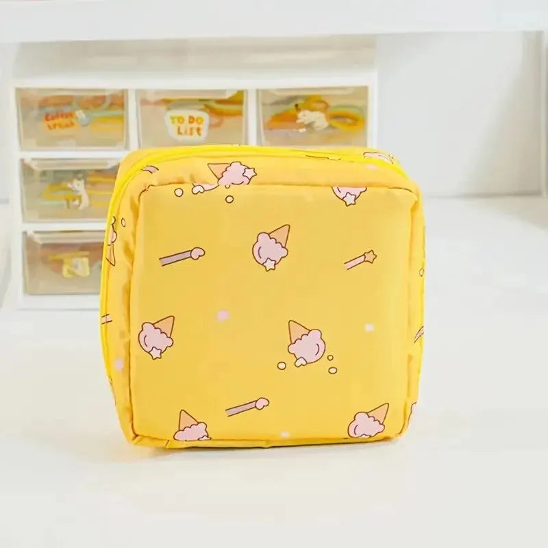 Women Sanitary Napkin Tampon Storage Bag Portable Waterproof Organizer Pouch Cartoon Pattern Sanitary Napkin Bag SuperFye Yellow Ice Cream SuperFye