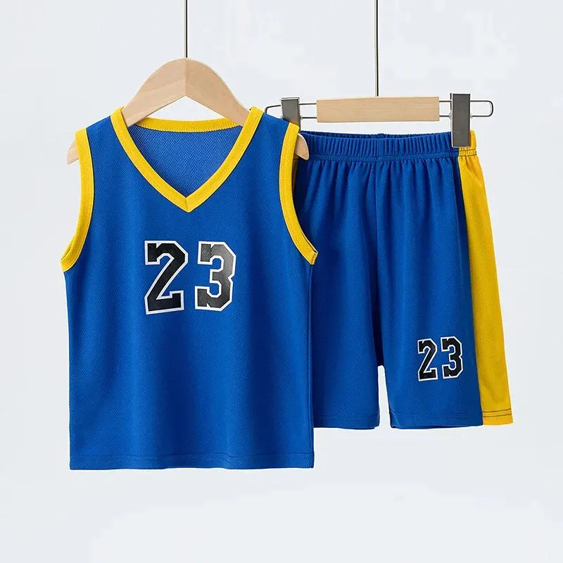 2/4Pcs Summer Children's Quick-drying Sports Suit Boys Casual Ball Sleeveless T-shirt Girls Joker Mixed Color Combination Shorts SuperFye Blue / 160 Height 150-160cm SuperFye