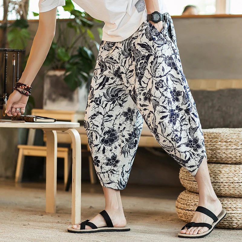 Harajuku Summer Loose Calf Length Casual Pants Men Wide Leg Cotton Linen Printing Baggy Pants Oversize Men's Trousers SuperFye Model D / Chinese Size M SuperFye