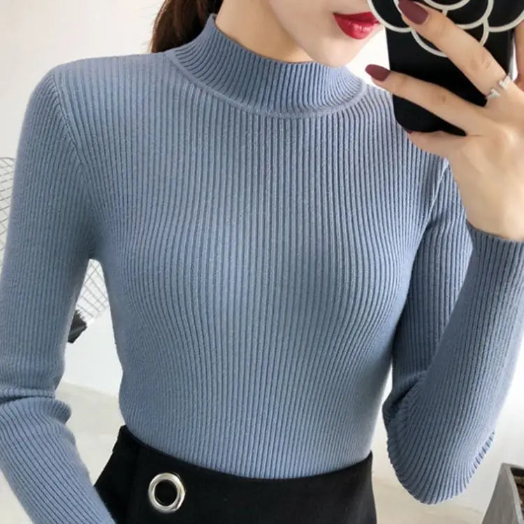 Autumn Winter Mock Neck Women Sweater Vintage Basic Solid Knitted Tops Casual Slim Pullover Korean Sweaters Simple Chic Jumpers SuperFye Blue / One Size SuperFye