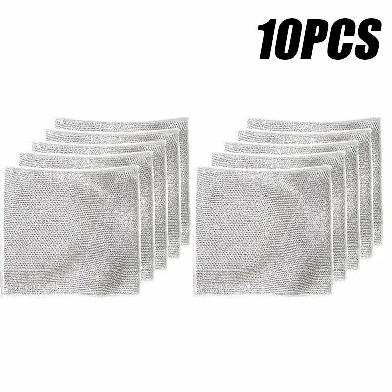 10pcs Magic Dishcloth Silver Wire Cleaning Kitchen Cloth Thickened Microfiber Wash Towel Built-in Sponge Steel Wire Ball Rag SuperFye 10PCs SuperFye