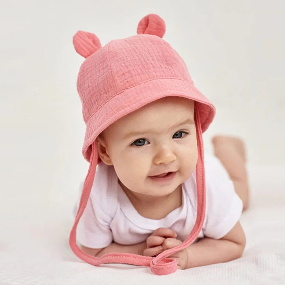 Soft Cotton Baby Sun Hat With Ears Cute Bunny Newborn Boys Girls Bucket Hat Summer Kids Toddler Panama Cap 0 to 12 Months SuperFye Light Yellow / One Size SuperFye