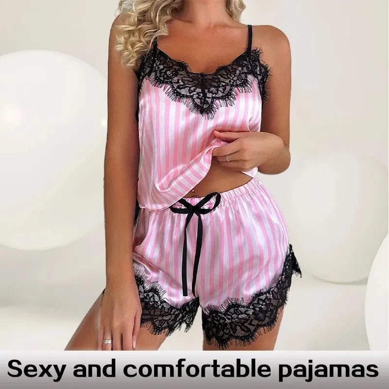 Two Piece Women's V-Neck Sexy Lace Suspender Pajama Shorts Set Casual Women's Sleeveless Sexy Pajama Set SuperFye Pink / L SuperFye