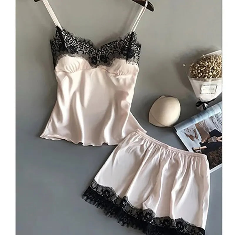 Women Pajama Suit Fashion V-Neck Stretch Satin Babydoll Lace Sexy Lingerie Bowknot Pyjamas Sleep Shorts Set Sleepwear New SuperFye ZY07 / M 45-450kg SuperFye