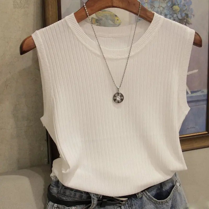 1pcs Summer New Fashion Knitted Vests O-neck Sleeveless Casual Thin Tops SuperFye One Size / WHITE SuperFye