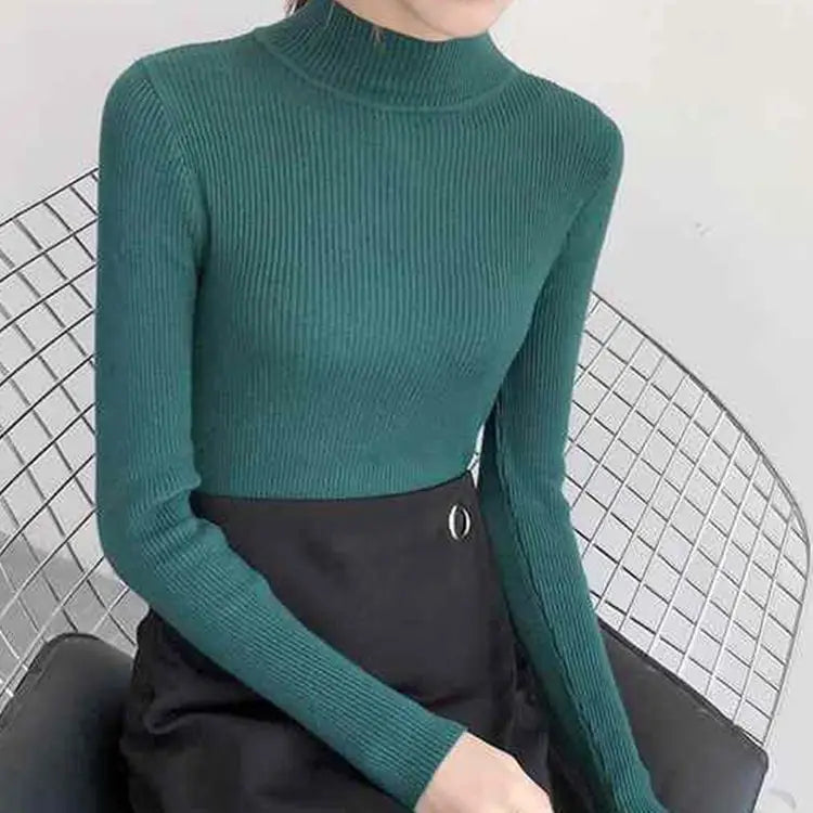 Autumn Winter Mock Neck Women Sweater Vintage Basic Solid Knitted Tops Casual Slim Pullover Korean Sweaters Simple Chic Jumpers SuperFye green / One Size SuperFye