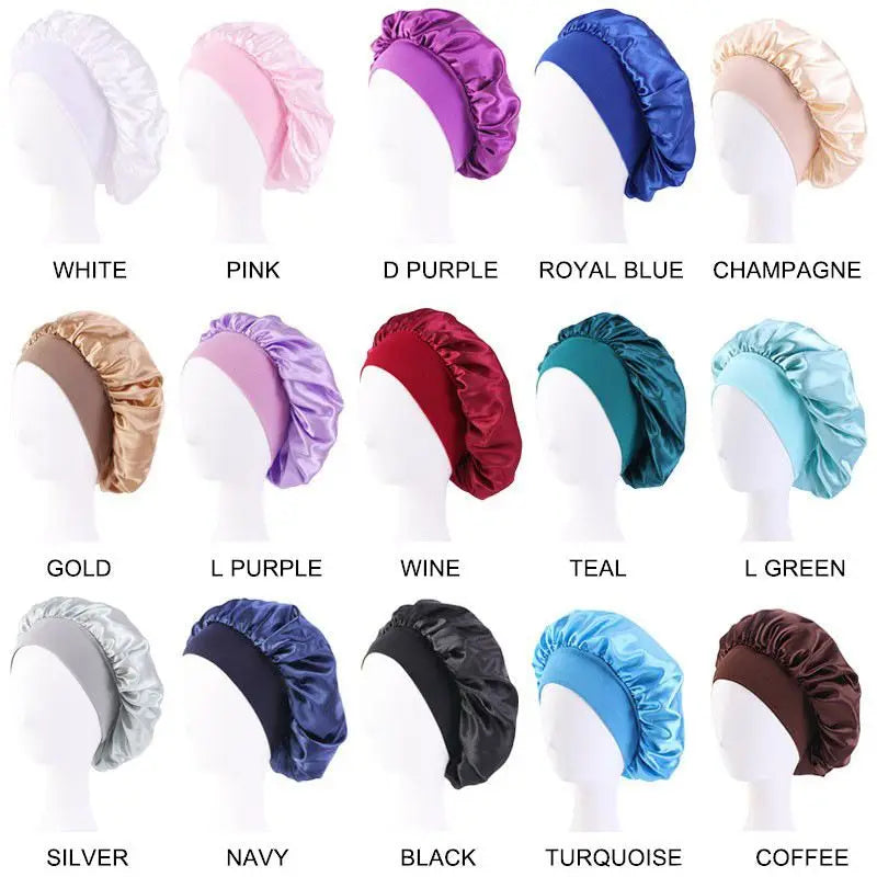 New Women's Satin Solid Wide-brimmed Sleeping Hat Unisex Head Wrap Elastic Band Cap Hair Care Bonnet Night Hat bonnet de nuit SuperFye black SuperFye