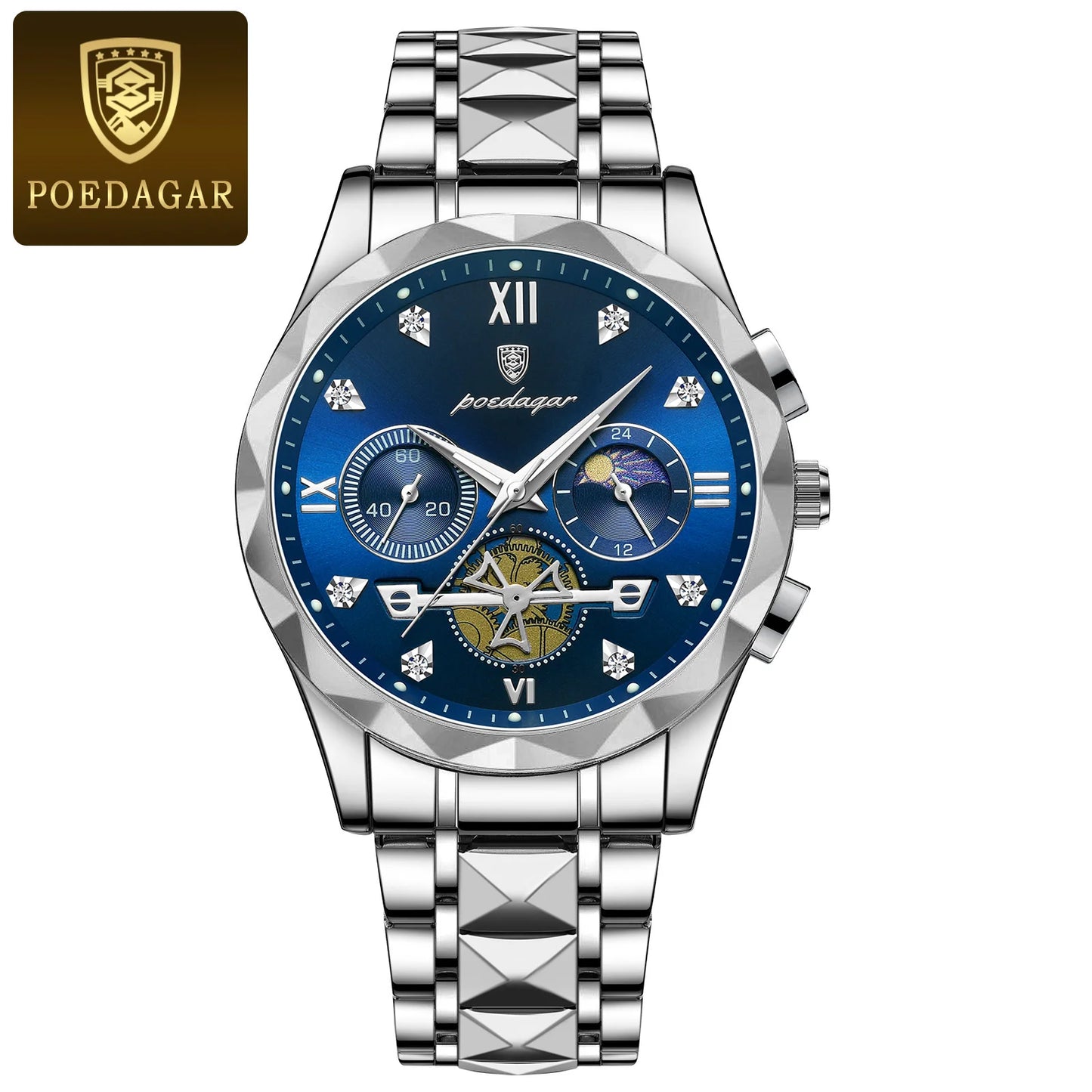 POEDAGAR Luxury Man Wristwatch Waterproof Luminous Chronograph Watch for Men Stainless Steel Men's Quartz Watches reloj hombre SuperFye Silver Blue SuperFye