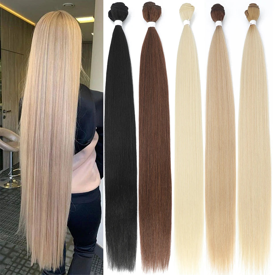 Bone Straight Hair Bundles Salon Natural Hair Extensions Fake Fibers Super Long Synthetic Yaki Straight Hair Weaving Full to End SuperFye P27-613 / 70cm-28inches / 1pc SuperFye