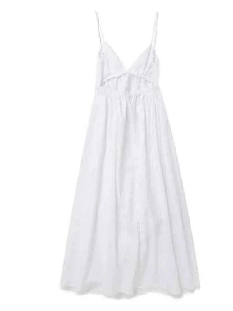 Sexy Backless Midi Dress Sleeveless V Neck Dress 2023 Fashion Summer Woman Causal Loose Beach Dress Holiday White Long Dress