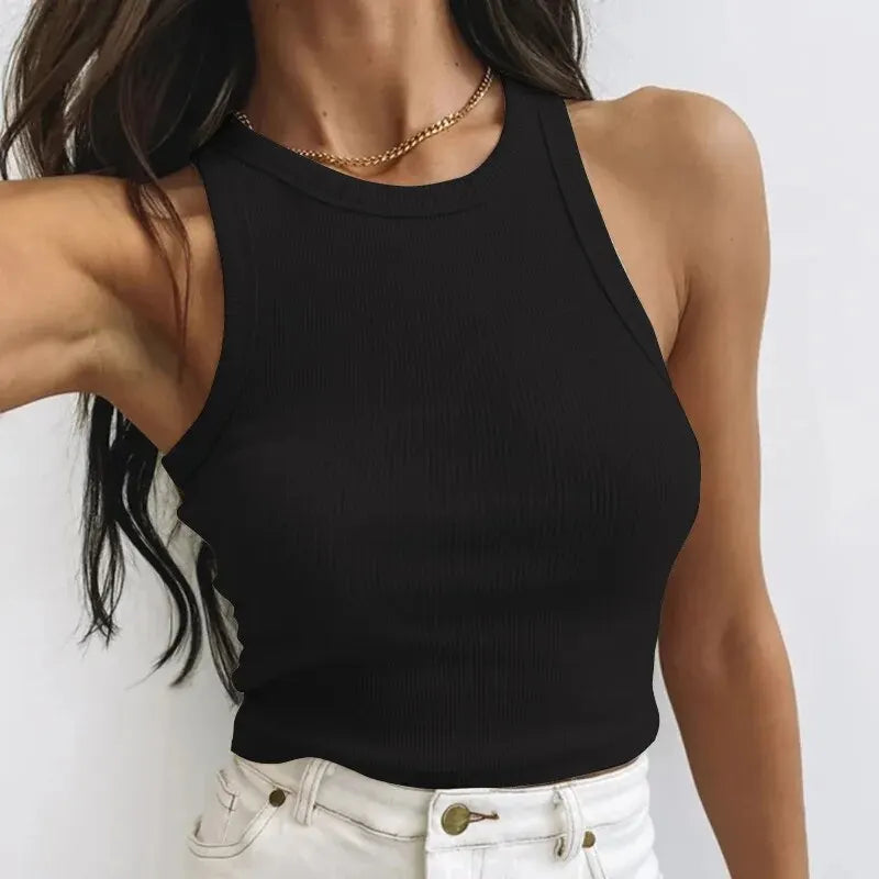 Women's Tank Top Crop Sexy Off Shoulder O Neck Solid Ribbed Knitted Casual Sport Vest Basic Elastic Camisole SuperFye M / Black SuperFye