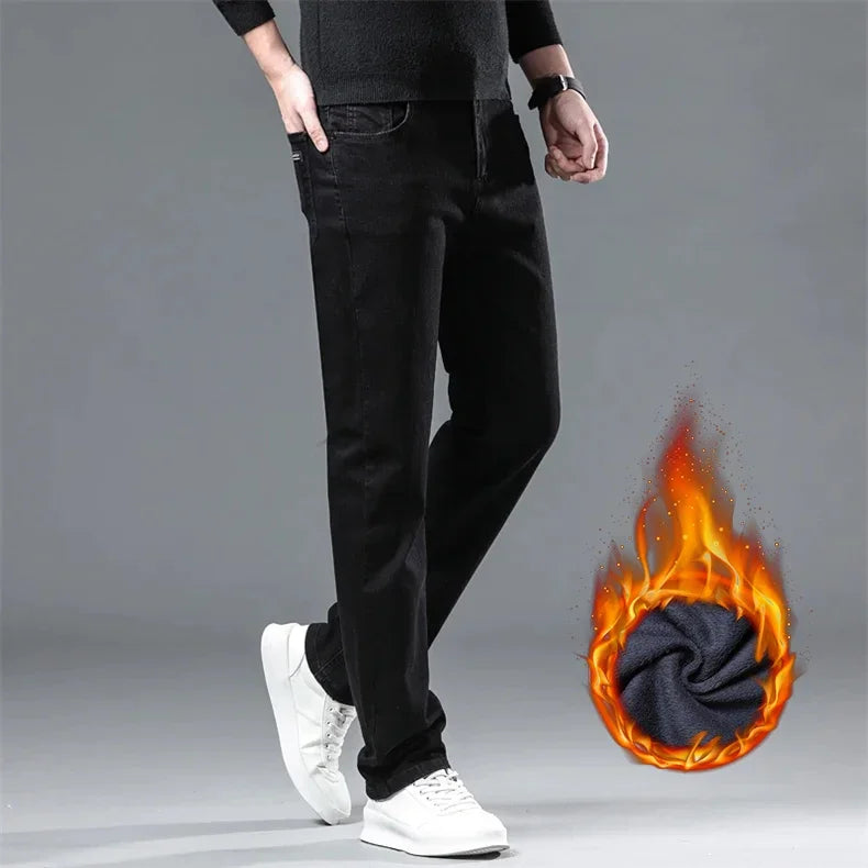 WTHINLEE Winter Men Black Straight Stretch Denim Thick Velvet Pants Warm Jeans Casual Fleece Line Trousers Male Plus Size