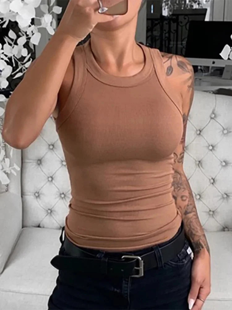 Women Solid Round Neck Ribbed Tank Top Camisole Women Summer Basic Elastic Tank Top O Neck Solid Tank Top SuperFye Gray / XXL SuperFye