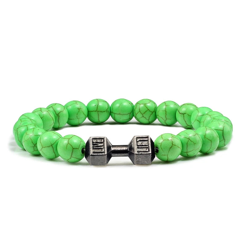 Natural Volcanic Stone Bracelet Men Matte Black Lave White Beads Charm Dumbbell Strand Bracelets Women Barbell Fitness Jewelry SuperFye Green Black SuperFye