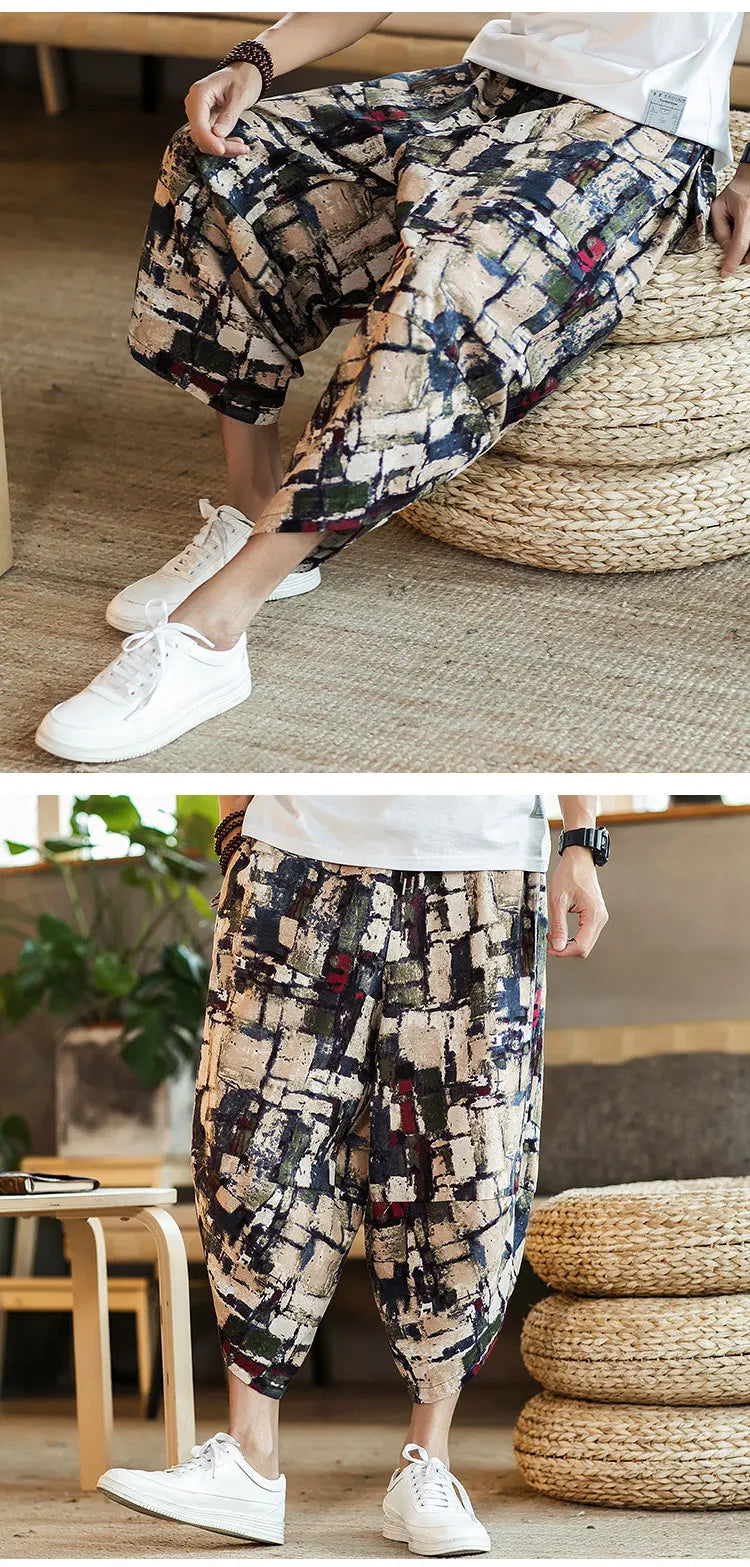 Harajuku Summer Loose Calf Length Casual Pants Men Wide Leg Cotton Linen Printing Baggy Pants Oversize Men's Trousers SuperFye Model G / Chinese Size XXXL SuperFye