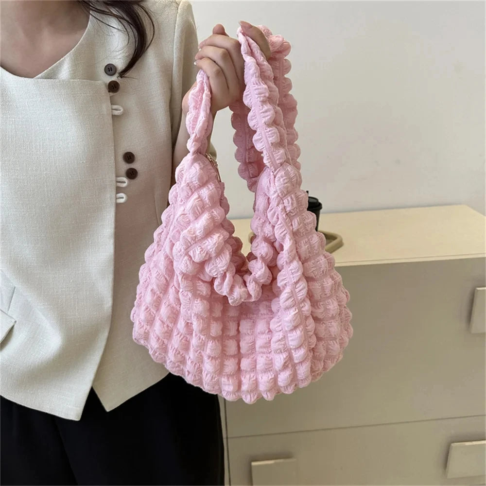 Crossbody Bag With Pleated Design Embroidered Plaid Shoulder Bag Underarm Bags Simple Large Capacity Quilted Tote Bags For Women