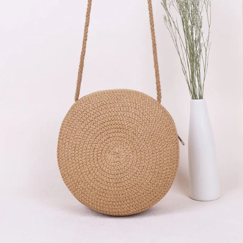 Minimalist Straw Bag Round Crossbody Purse Women Shoulder Vocation Style Handbag SuperFye orage SuperFye