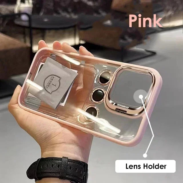 Lens Metal Ring Protector Stand Phone Case For IPhone 13 11 12 14 15 Pro Max Plus Camera Glass Lens Protection Transparent Cover SuperFye Pink / For Iphone 14 ProMax SuperFye