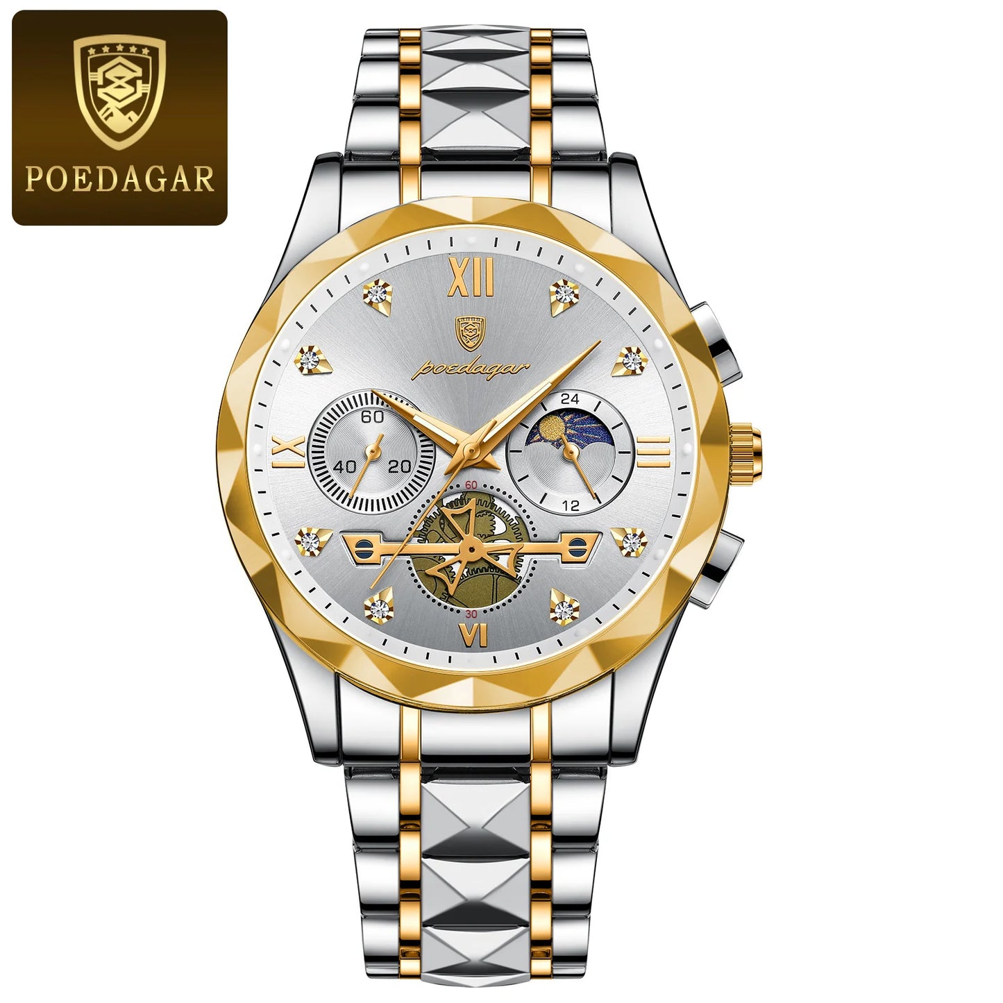 POEDAGAR Luxury Man Wristwatch Waterproof Luminous Chronograph Watch for Men Stainless Steel Men's Quartz Watches reloj hombre SuperFye Gold White SuperFye