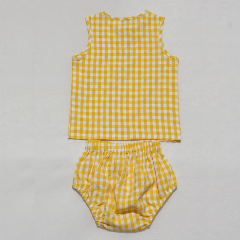 Ali Plus SS25 yellow and white gingham summer set with red stitch girls dress baby romper boys top and pants and toddler sets