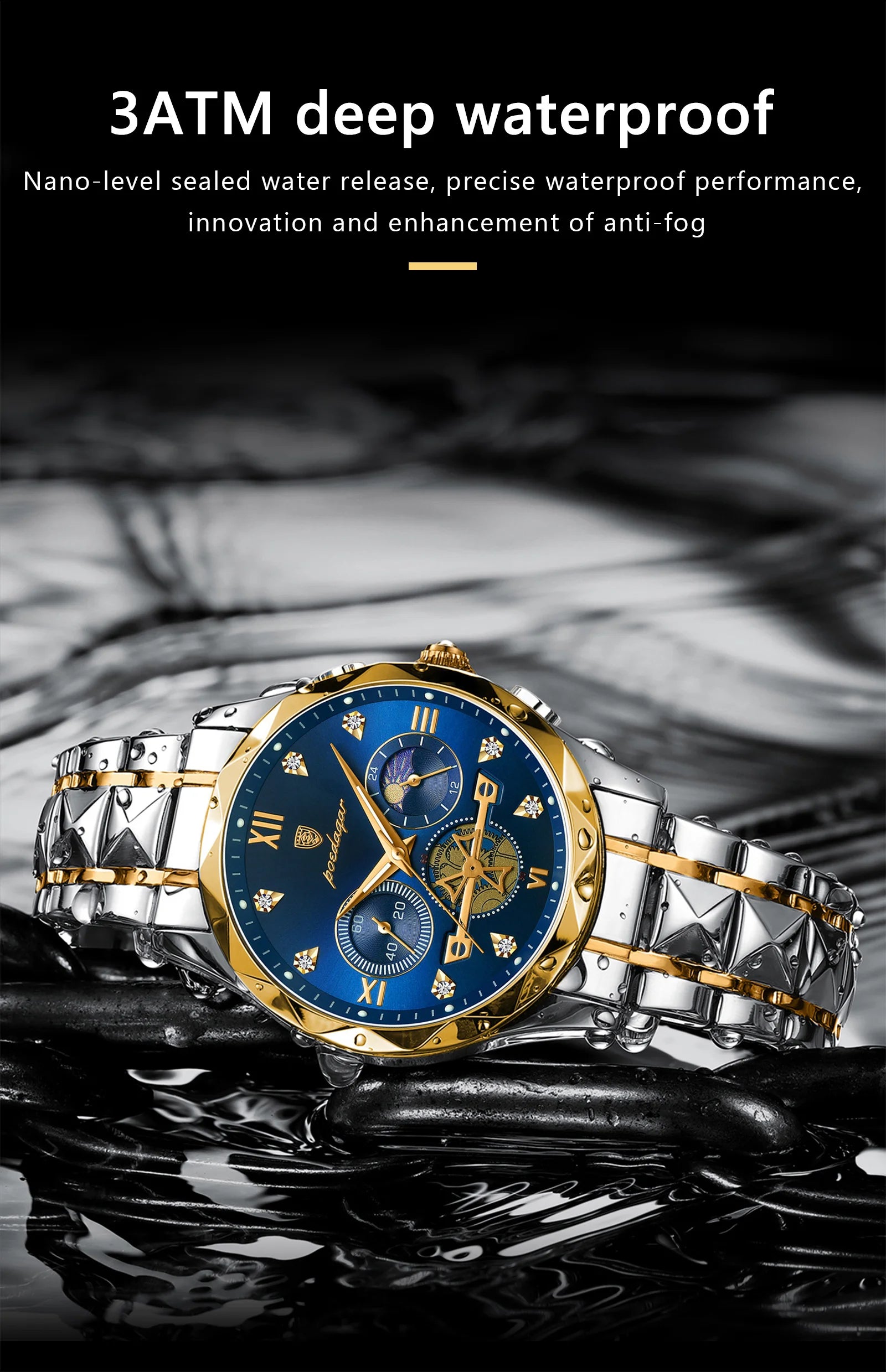 POEDAGAR Luxury Man Wristwatch Waterproof Luminous Chronograph Watch for Men Stainless Steel Men's Quartz Watches reloj hombre SuperFye Gold Blue SuperFye