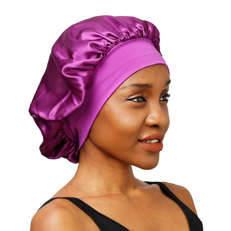 New Women's Satin Solid Wide-brimmed Sleeping Hat Unisex Head Wrap Elastic Band Cap Hair Care Bonnet Night Hat bonnet de nuit SuperFye black SuperFye