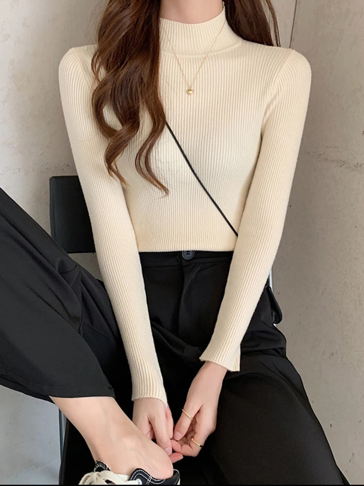 Autumn Winter Mock Neck Women Sweater Vintage Basic Solid Knitted Tops Casual Slim Pullover Korean Sweaters Simple Chic Jumpers SuperFye Burgundy / One Size SuperFye