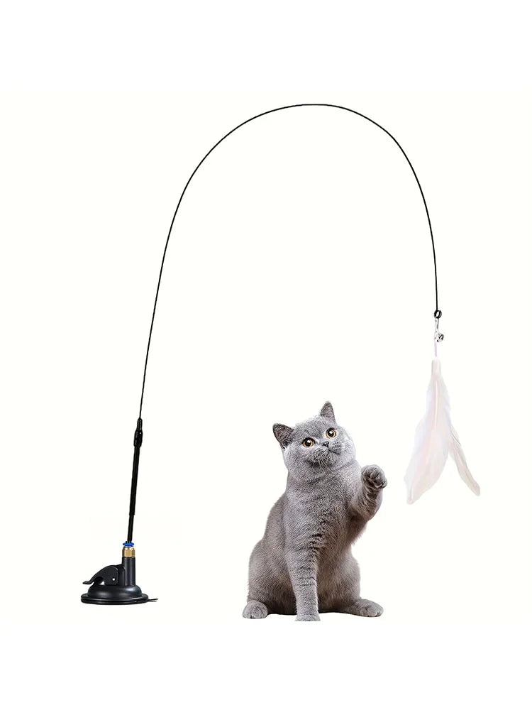 Cat Teaser Toy - Interactive Bell & Feather Wand - Long Suction Cup Pole for Exciting Playtime Adventures - Ultimate Cat Toy SuperFye Black Enhanced SuperFye