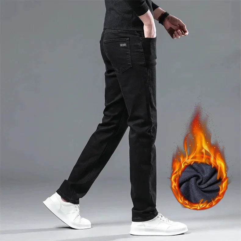 WTHINLEE Winter Men Black Straight Stretch Denim Thick Velvet Pants Warm Jeans Casual Fleece Line Trousers Male Plus Size