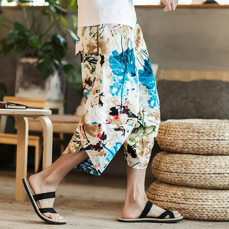 Harajuku Summer Loose Calf Length Casual Pants Men Wide Leg Cotton Linen Printing Baggy Pants Oversize Men's Trousers