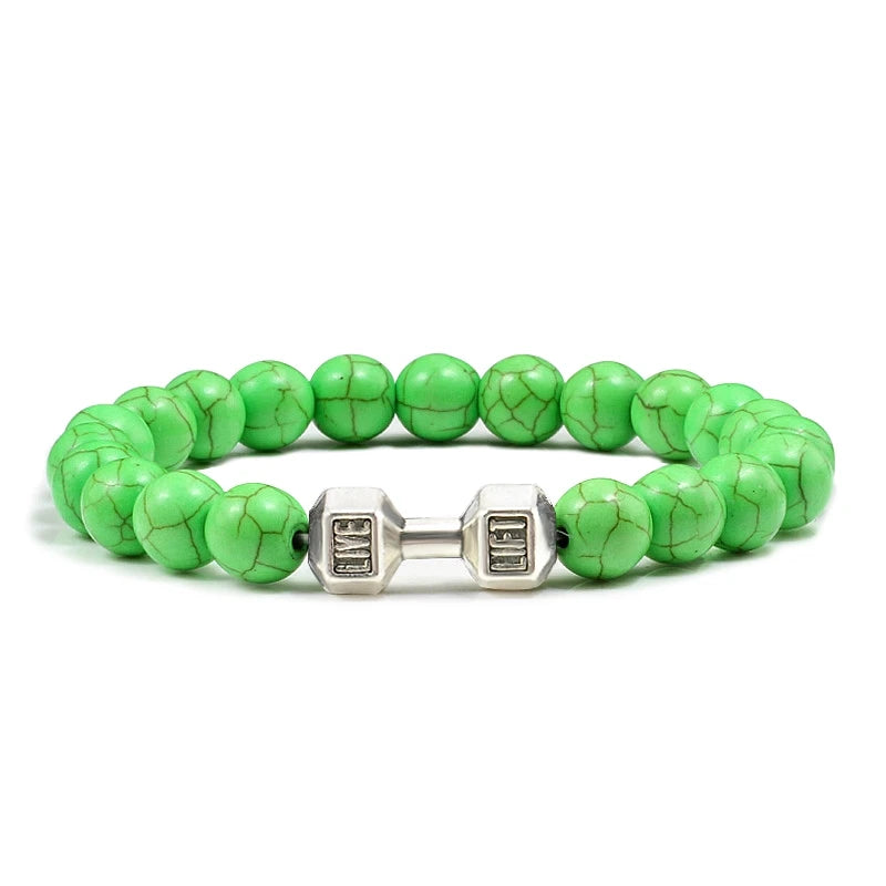 Natural Volcanic Stone Bracelet Men Matte Black Lave White Beads Charm Dumbbell Strand Bracelets Women Barbell Fitness Jewelry SuperFye Green Sliver Color SuperFye