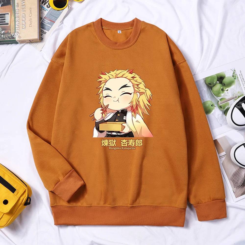 Demon Slayer Anime Rengoku Kyoujurou Women Sweater Autumn Trendy Hoody Crewneck Fleece Pullover Simple Loose Female Sweatshirt