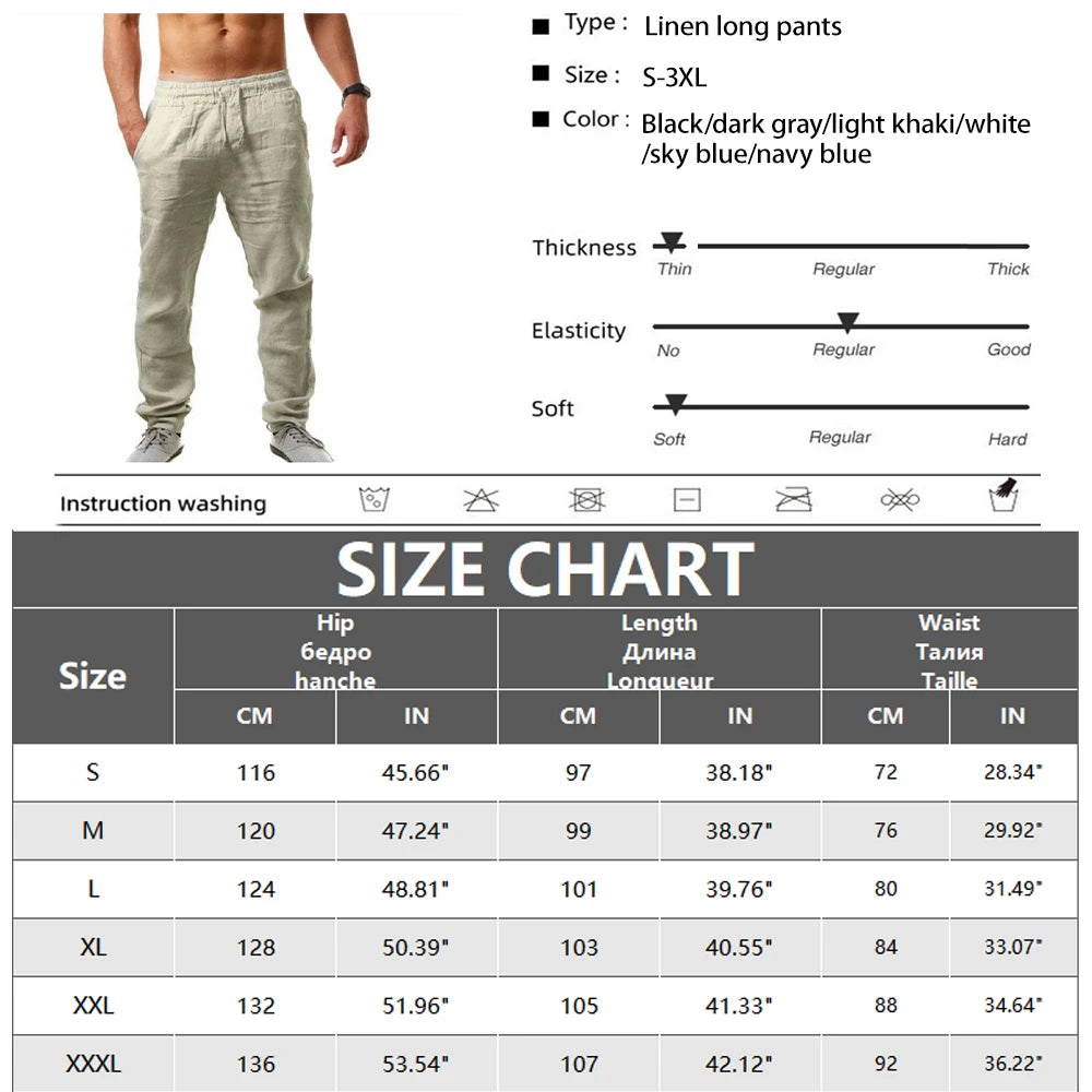 Men's Cotton Linen Long Pants Summer Solid Color Breathable Linen Trousers Male Casual Elastic Waist Casual Pants Harajuku Trous SuperFye Khaki / L SuperFye