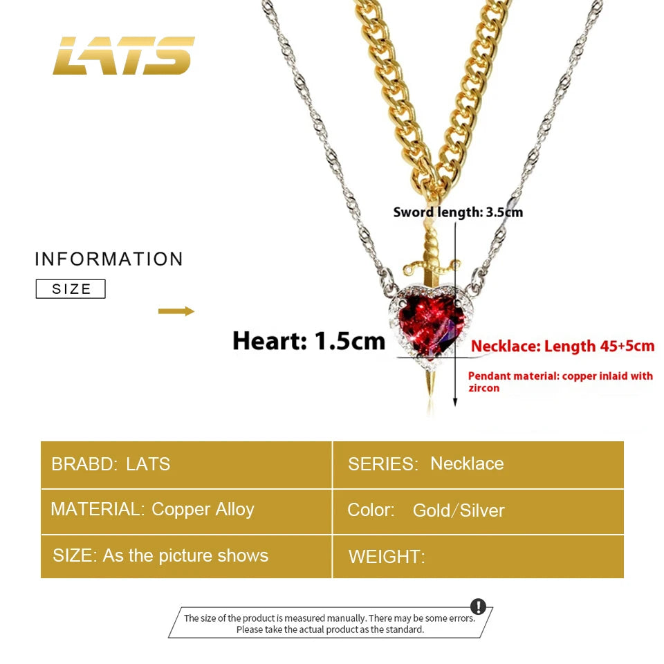 LATS 2pcs Can Be Assembled Heart and Sword Zircon Pendant Necklace for Women Men Couple Silver Gold Plated Choker Chain Jewelry SuperFye 77730 SuperFye