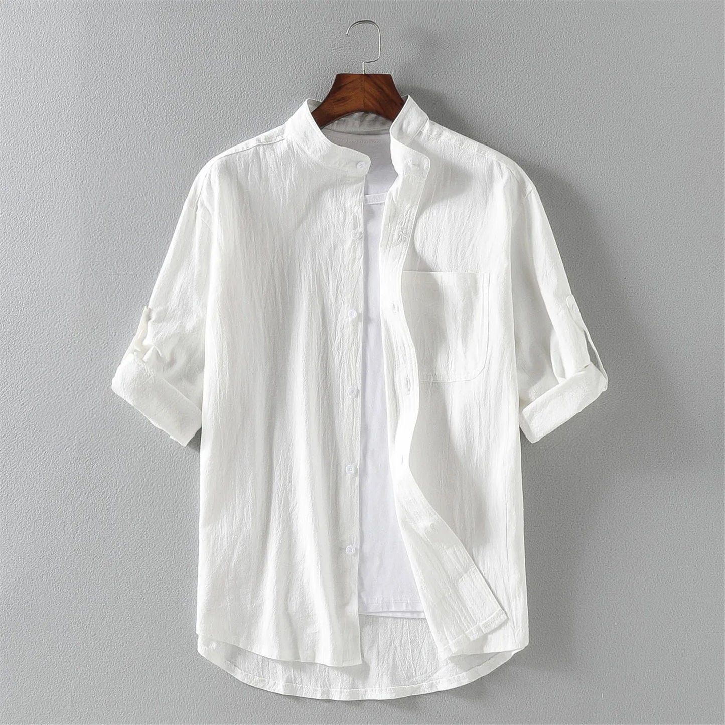 Spring and Summer Stand Collar Five-point Mid-sleeve Fashionable Men's Short-sleeved Shirt Seven-point Sleeve Large Size Men's SuperFye WHITE / M SuperFye