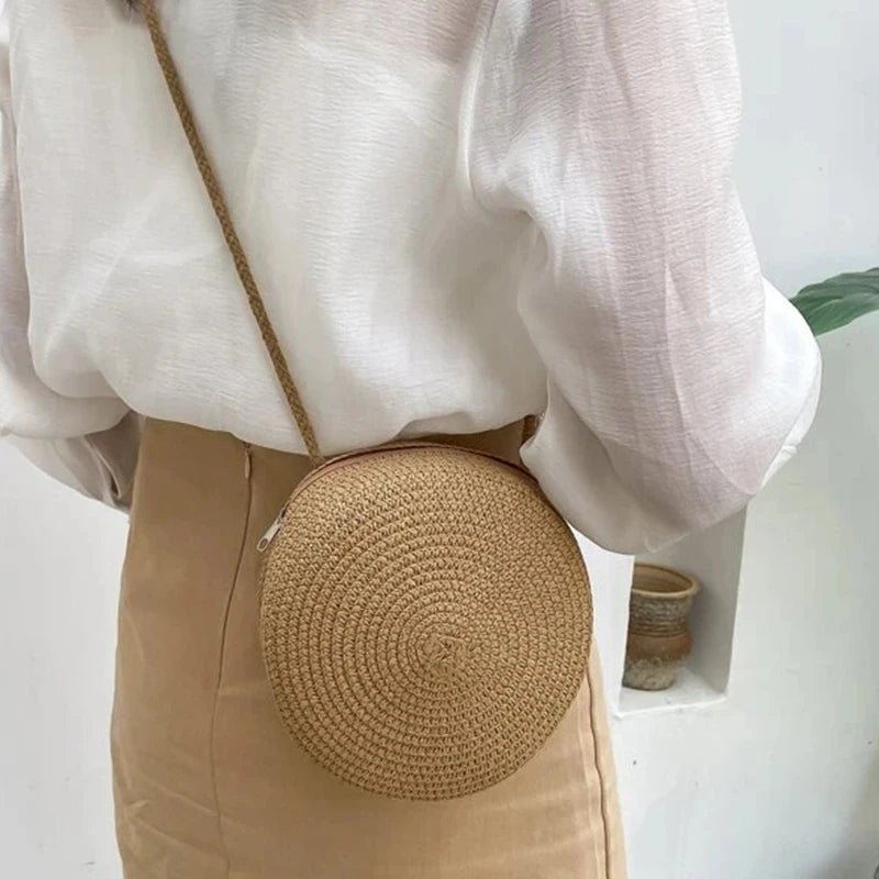 Minimalist Straw Bag Round Crossbody Purse Women Shoulder Vocation Style Handbag SuperFye orage SuperFye