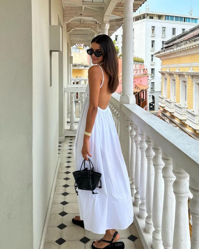 Sexy Backless Midi Dress Sleeveless V Neck Dress 2023 Fashion Summer Woman Causal Loose Beach Dress Holiday White Long Dress