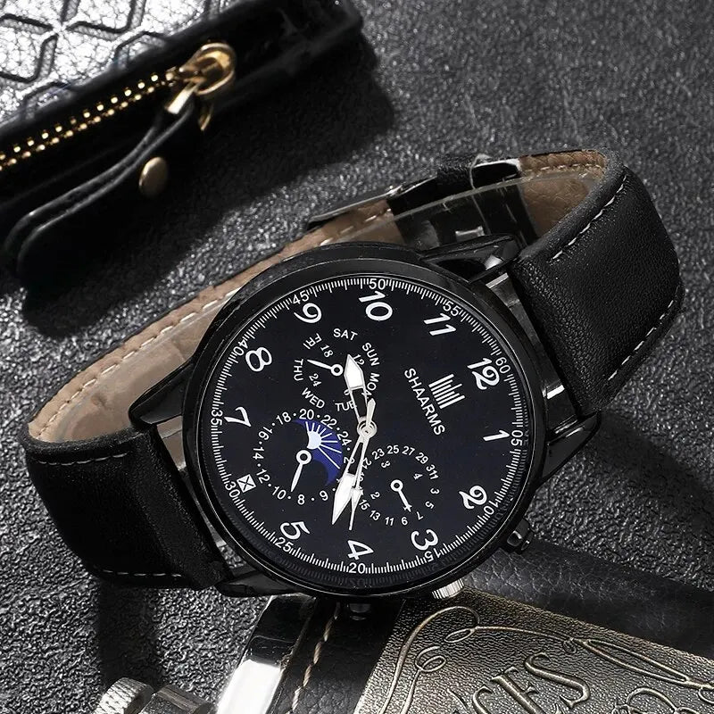 Fashion Mens Watches Wallet Glasses For Men Retro Black Bussiness Quartz Watch Male Casual Watch Relogio Masculino SuperFye Black SuperFye