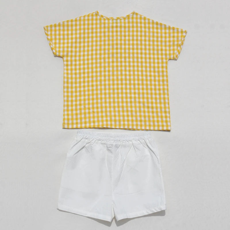 Ali Plus SS25 yellow and white gingham summer set with red stitch girls dress baby romper boys top and pants and toddler sets