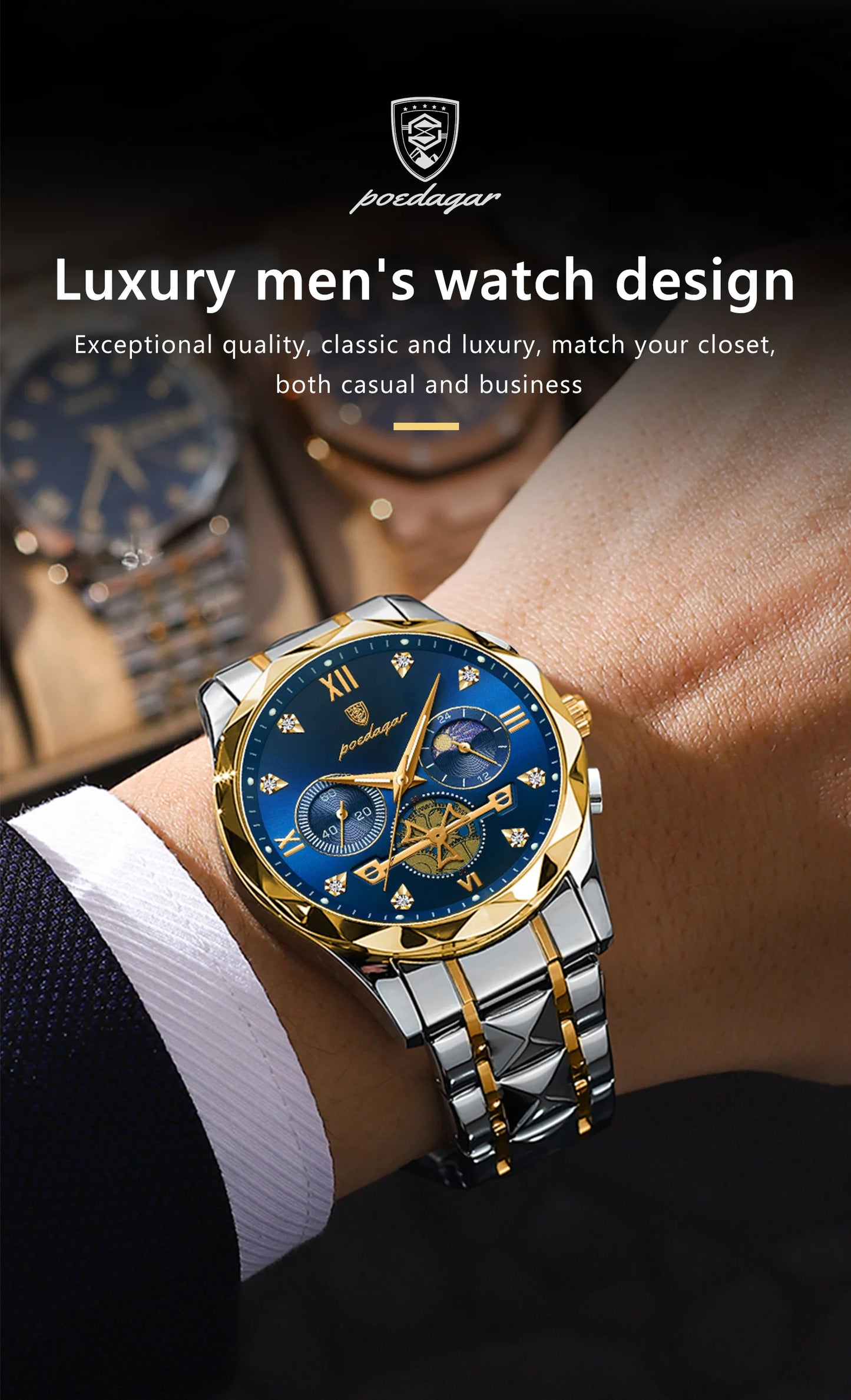 POEDAGAR Luxury Man Wristwatch Waterproof Luminous Chronograph Watch for Men Stainless Steel Men's Quartz Watches reloj hombre SuperFye Gold Blue SuperFye