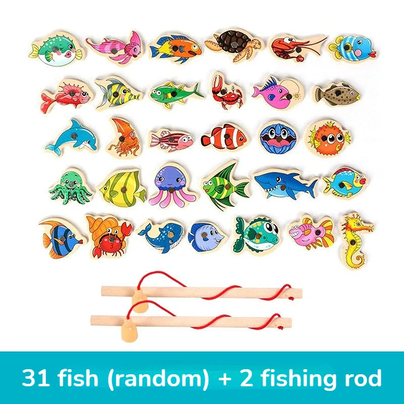 Montessori Wooden Fishing Toys For Children Magnetic Marine Life Cognition Fish Games Parent-Child Interactive Educational Toy SuperFye 31 Fish SuperFye