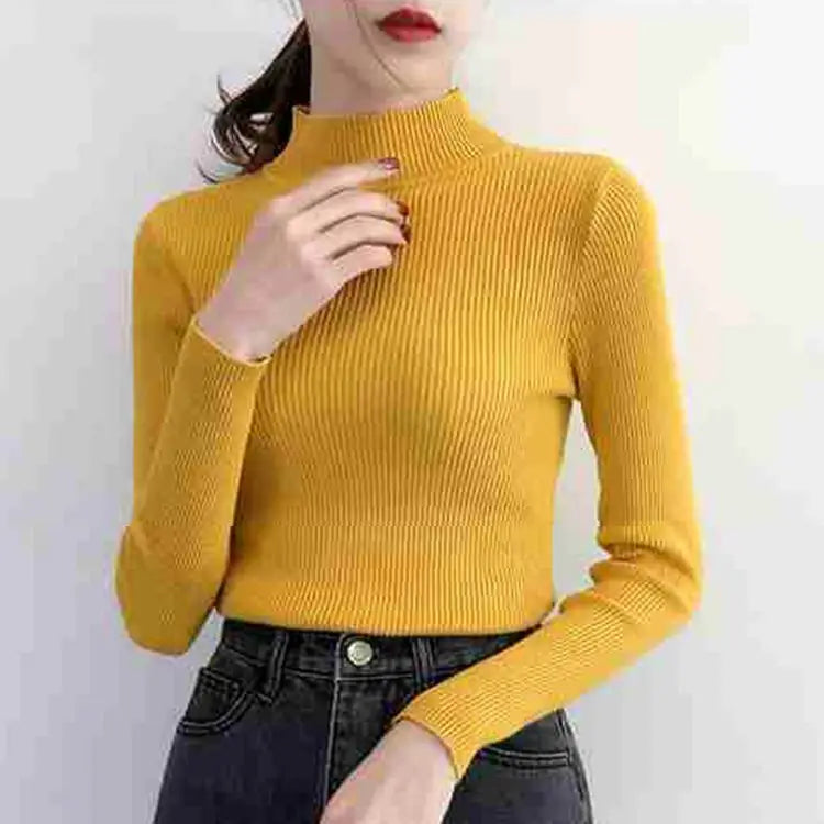 Autumn Winter Mock Neck Women Sweater Vintage Basic Solid Knitted Tops Casual Slim Pullover Korean Sweaters Simple Chic Jumpers SuperFye Yellow / One Size SuperFye